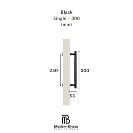 Measurement chart for a black door handle with dimensions labeled, on a white background.