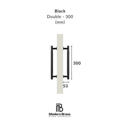 Measurement chart for black double door handle with dimensions on a white background