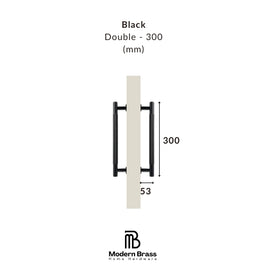 Measurement chart for black double door handle with dimensions on a white background