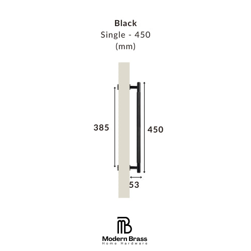 Measurement chart for a black door handle with dimensions on a white background, featuring the Modern Brass logo.