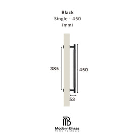 Measurement chart for a black door handle with dimensions on a white background, featuring the Modern Brass logo.