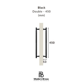 Technical dimension diagram of a black double door handle on a white background, showing measurements of 450 mm and 55 mm, with the Modern Brass Home Hardware logo at the bottom.