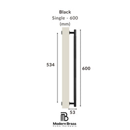 A dimension diagram of a modern single-handle door pull in black, showing a height of 600 mm, a width of 55 mm, and a total vertical span of 570 mm. The product is shown in a side profile view on a white background with the Modern Brass Home Hardware logo at the bottom.