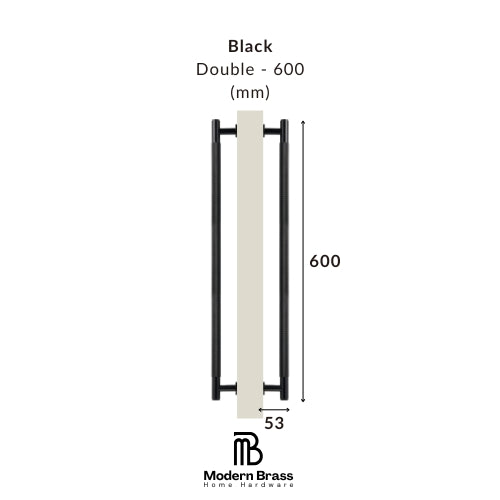 A dimension diagram of a modern double brass door handle in black, showing a height of 600 mm and a width of 55 mm, with the Modern Brass Home Hardware logo at the bottom.