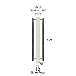 A dimension diagram of a modern double brass door handle in black, showing a height of 600 mm and a width of 55 mm, with the Modern Brass Home Hardware logo at the bottom.