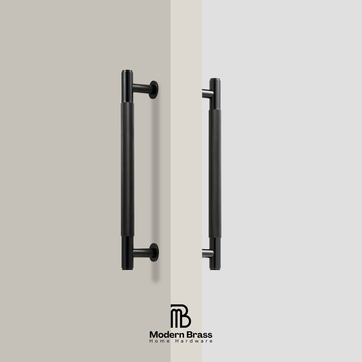 Black door handles on a neutral background with 'Modern Brass' branding.