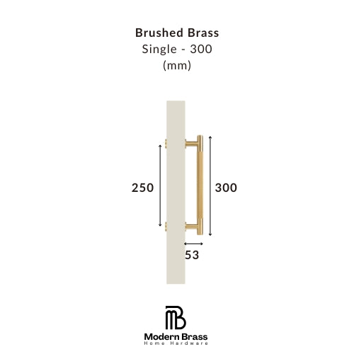 Technical dimension diagram of a brushed brass single wall-mounted handle, showing measurements of 300 mm length, 250 mm center-to-center spacing, and 53 mm width, with the Modern Brass Home Hardware logo at the bottom.