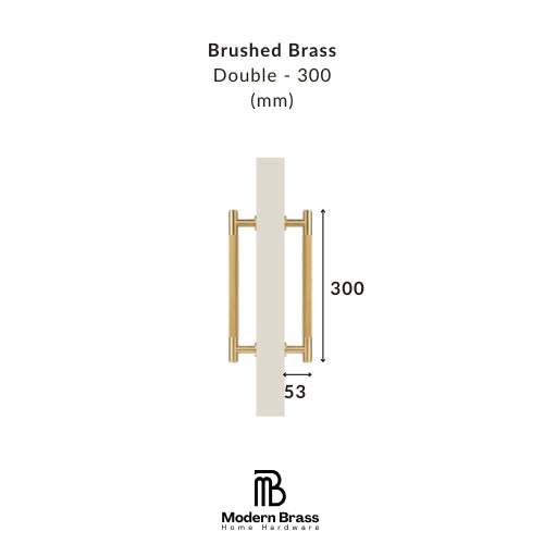 A dimension diagram of a brushed brass double door handle on a white background, showing measurements of 300 mm height and 53 mm width, with the Modern Brass Home Hardware logo at the bottom.