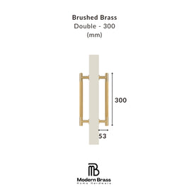 A dimension diagram of a brushed brass double door handle on a white background, showing measurements of 300 mm height and 53 mm width, with the Modern Brass Home Hardware logo at the bottom.