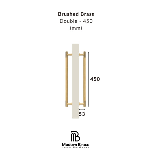 Technical product diagram of a brushed brass double door handle on a white background, showing dimensions of 450 mm height and 53 mm width, with the Modern Brass Home Hardware logo at the bottom.