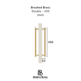 Technical product diagram of a brushed brass double door handle on a white background, showing dimensions of 450 mm height and 53 mm width, with the Modern Brass Home Hardware logo at the bottom.