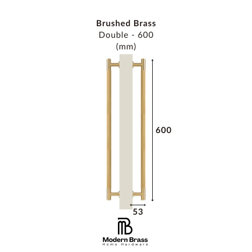 A dimension diagram of a brushed brass double door handle with a width of 53 mm and a height of 600 mm, shown on a white background with the Modern Brass Home Hardware logo.