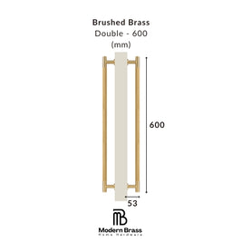 A dimension diagram of a brushed brass double door handle with a width of 53 mm and a height of 600 mm, shown on a white background with the Modern Brass Home Hardware logo.