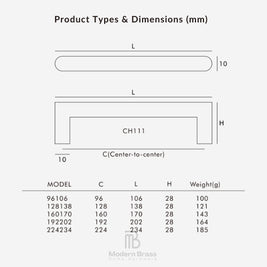 Product types and dimensions chart for CH111 models by Modern Brass Home Hardware, showing a rounded elongated profile and a U-shaped profile with labeled center-to-center measurements and a weight table.