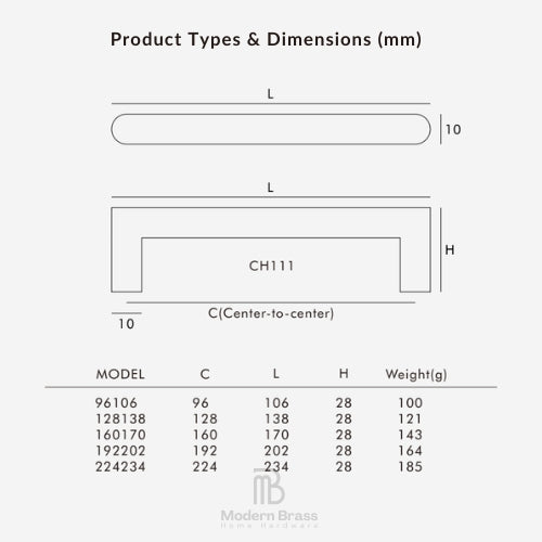 Product types and dimensions chart for CH111 models by Modern Brass Home Hardware, showing a rounded elongated profile and a U-shaped profile with labeled center-to-center measurements and a weight table.