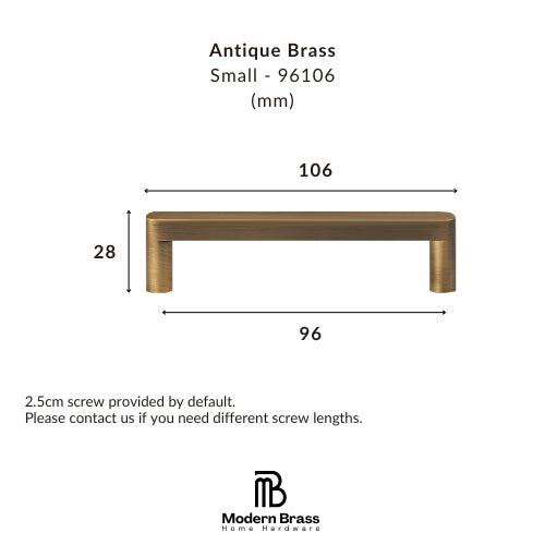 A dimension diagram of an antique brass small drawer pull handle, showing measurements of 106mm width, 28mm height, and 96mm base length, with the Modern Brass Home Hardware logo at the bottom.