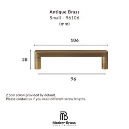 A dimension diagram of an antique brass small drawer pull handle, showing measurements of 106mm width, 28mm height, and 96mm base length, with the Modern Brass Home Hardware logo at the bottom.