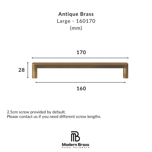 A dimension diagram of a large antique brass drawer pull handle, showing its width as 170mm and height as 28mm, with text detailing measurements and screw length information from Modern Brass Home Hardware.