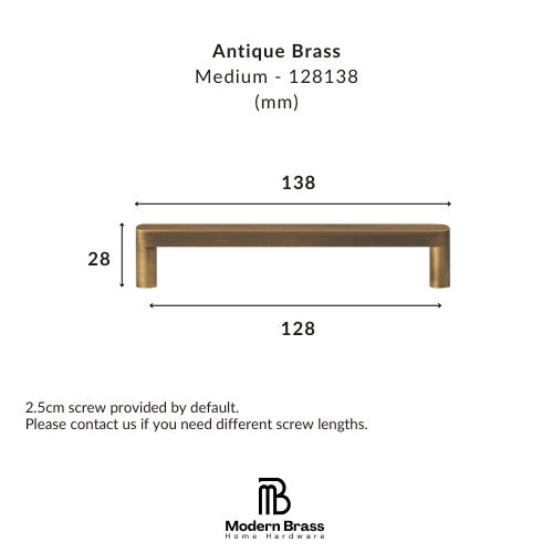 A dimension diagram of a brass drawer pull handle labeled 'Antique Brass Medium - 128138 (mm)', showing a length of 138, a width of 128, and a height of 28, with the Modern Brass Home Hardware logo at the bottom.