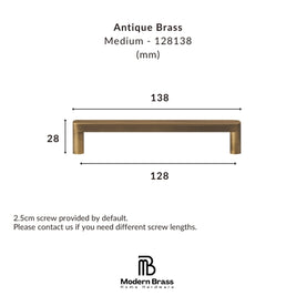 A dimension diagram of a brass drawer pull handle labeled 'Antique Brass Medium - 128138 (mm)', showing a length of 138, a width of 128, and a height of 28, with the Modern Brass Home Hardware logo at the bottom.