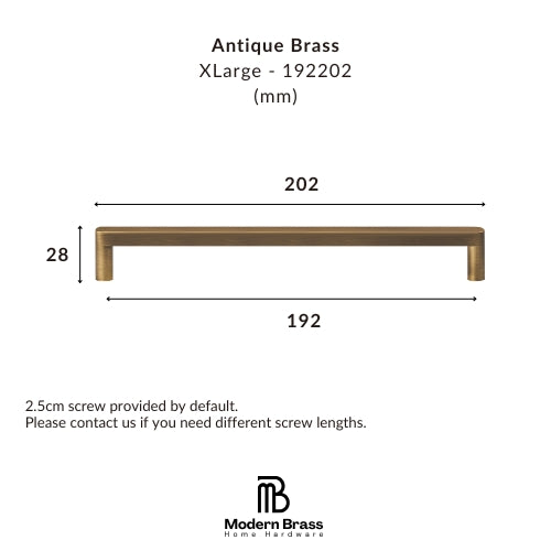 Product dimension diagram for an Antique Brass XLarge cabinet pull handle, showing a bronze-finished horizontal bar with labeled width measurements of 202 mm and 192 mm, height of 28 mm, and screw length information on a white background. Modern Brass Home Hardware logo is visible at the bottom.