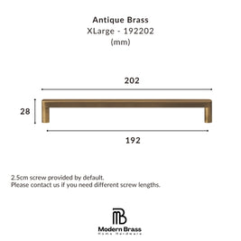 Product dimension diagram for an Antique Brass XLarge cabinet pull handle, showing a bronze-finished horizontal bar with labeled width measurements of 202 mm and 192 mm, height of 28 mm, and screw length information on a white background. Modern Brass Home Hardware logo is visible at the bottom.