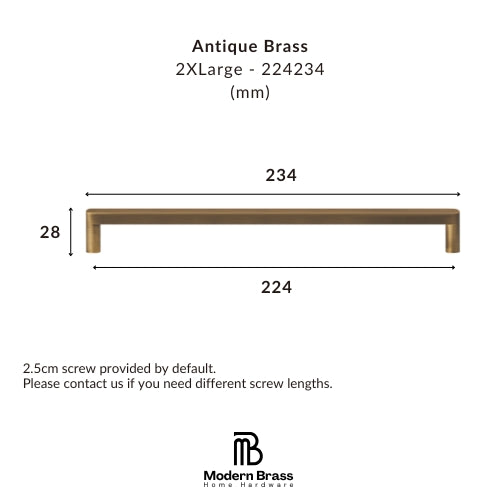 A dimension diagram of an antique brass drawer pull handle, showing its height as 28mm and its width as 224mm and 234mm, with the Modern Brass Home Hardware logo at the bottom.