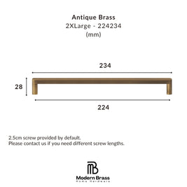 A dimension diagram of an antique brass drawer pull handle, showing its height as 28mm and its width as 224mm and 234mm, with the Modern Brass Home Hardware logo at the bottom.