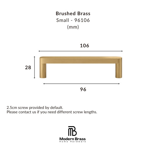 A dimension diagram of a brushed brass cabinet pull handle, labeled as Small - 96106, showing measurements of 106 mm width, 96 mm span, and 28 mm height, with Modern Brass Home Hardware branding at the bottom.