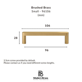 A dimension diagram of a brushed brass cabinet pull handle, labeled as Small - 96106, showing measurements of 106 mm width, 96 mm span, and 28 mm height, with Modern Brass Home Hardware branding at the bottom.