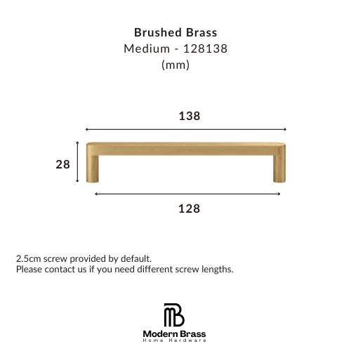 Product dimension diagram for a brushed brass cabinet pull handle, showing measurements of 138 mm width, 128 mm span, and 28 mm height, with the Modern Brass Home Hardware logo at the bottom.
