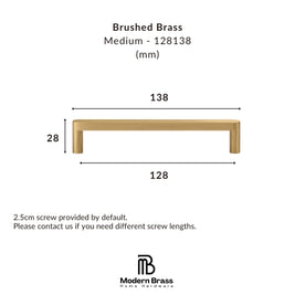 Product dimension diagram for a brushed brass cabinet pull handle, showing measurements of 138 mm width, 128 mm span, and 28 mm height, with the Modern Brass Home Hardware logo at the bottom.