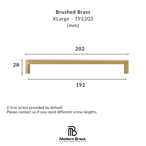 A dimension diagram of a brushed brass XLarge cabinet pull handle, showing measurements of 202 mm width, 192 mm span, and 28 mm height, with the Modern Brass Home Hardware logo at the bottom.