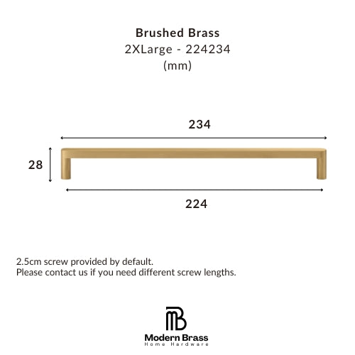 A dimension diagram of a brushed brass L-shaped cabinet pull handle, showing its width as 234mm and height as 28mm, with brand information for Modern Brass Home Hardware at the bottom.
