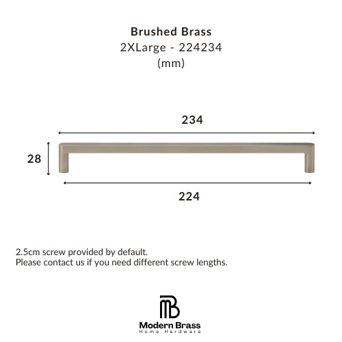A dimension diagram of a brushed brass L-shaped cabinet pull handle, showing its width of 224mm, height of 28mm, and overall length of 234mm, with the Modern Brass Home Hardware logo at the bottom.