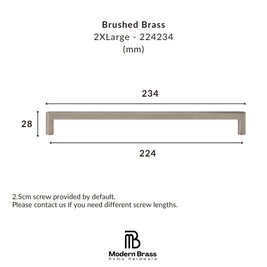 A dimension diagram of a brushed brass L-shaped cabinet pull handle, showing its width of 224mm, height of 28mm, and overall length of 234mm, with the Modern Brass Home Hardware logo at the bottom.