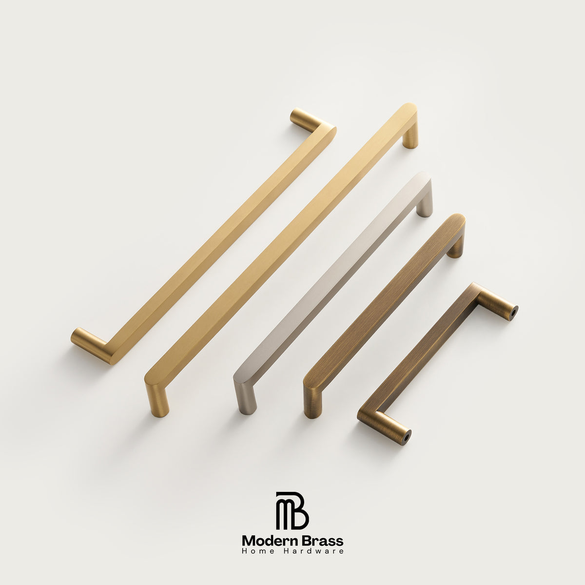 Four modern cabinet handles in different finishes arranged diagonally on a light gray background, with the Modern Brass logo at the bottom.
