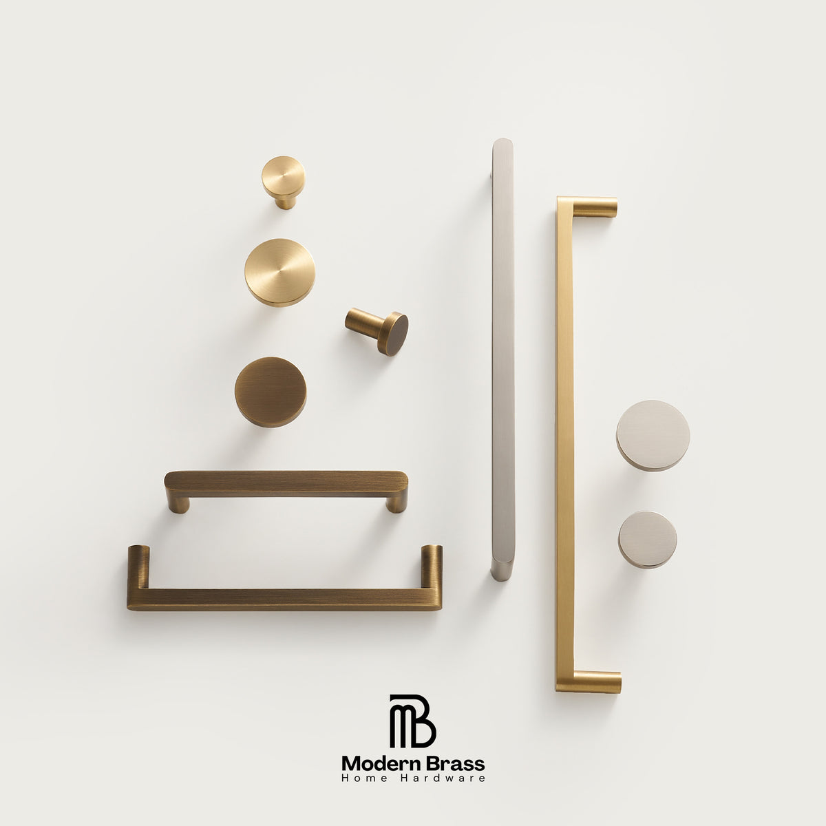 A set of modern brass home hardware pieces, including knobs, pulls, and bar handles, arranged neatly on a clean off-white background with the Modern Brass logo at the bottom.