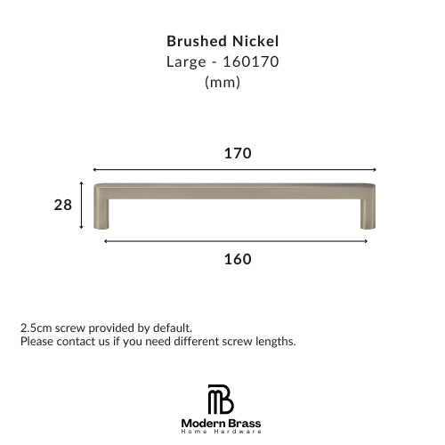 Technical dimension diagram of a brushed nickel cabinet pull handle, labeled Large - 160170, with measurements 170 mm width, 160 mm span, and 28 mm height, on a white background with Modern Brass Home Hardware branding.