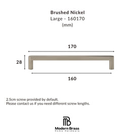 Technical dimension diagram of a brushed nickel cabinet pull handle, labeled Large - 160170, with measurements 170 mm width, 160 mm span, and 28 mm height, on a white background with Modern Brass Home Hardware branding.