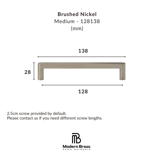 Product dimension diagram for a brushed nickel cabinet pull handle, showing a medium-length L-shaped profile with measurements of 138 mm width, 128 mm depth, and 28 mm height, on a white background with the Modern Brass Home Hardware logo.