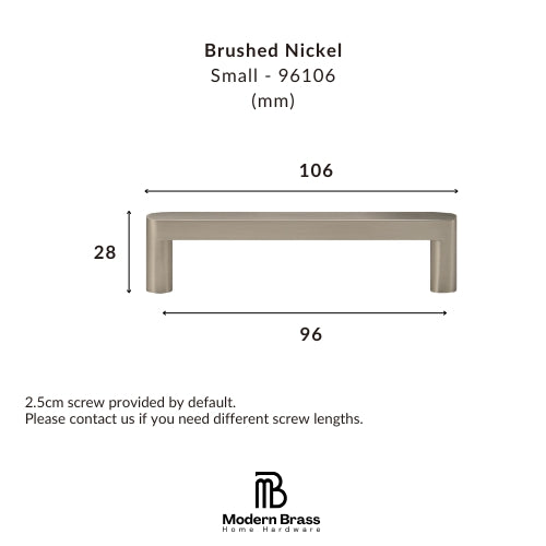 Technical dimension diagram of a small brushed nickel pull handle, showing measurements of 106 mm width, 96 mm depth, and 28 mm height, with the Modern Brass Home Hardware logo at the bottom.