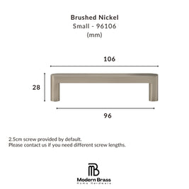 Technical dimension diagram of a small brushed nickel pull handle, showing measurements of 106 mm width, 96 mm depth, and 28 mm height, with the Modern Brass Home Hardware logo at the bottom.