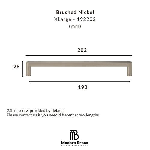 Technical dimension diagram of a brushed nickel XLarge cabinet pull by Modern Brass Home Hardware, showing measurements of 202 mm length, 192 mm width, and 28 mm height on a white background.