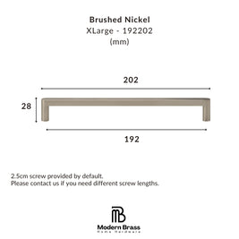 Technical dimension diagram of a brushed nickel XLarge cabinet pull by Modern Brass Home Hardware, showing measurements of 202 mm length, 192 mm width, and 28 mm height on a white background.