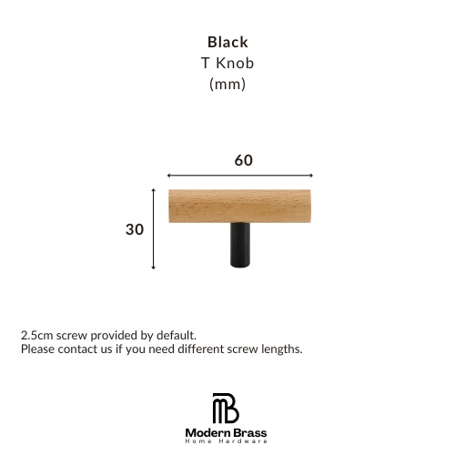 Black T-shaped wall knob dimension diagram showing a 70mm width and 35mm height, with text noting a 2.5cm screw is included by default and the Modern Brass Home Hardware logo at the bottom.
