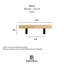 Dimension diagram of a Modern Brass XSmall black hardware pull handle, showing measurements of 116 mm width, 30 mm height, and 64 mm base, with a light wood top and black legs on a white background.