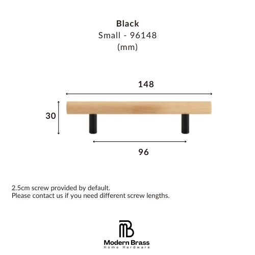 Product dimension diagram for a small black wall hook in millimeters, showing a light wood bar with two black screw posts and measurements labeled 148, 96, and 30. Text at top reads 'Black Small - 96148 (mm)' and the Modern Brass Home Hardware logo appears at the bottom.