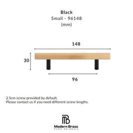 Product dimension diagram for a small black wall hook in millimeters, showing a light wood bar with two black screw posts and measurements labeled 148, 96, and 30. Text at top reads 'Black Small - 96148 (mm)' and the Modern Brass Home Hardware logo appears at the bottom.