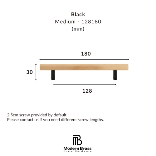 Product dimension diagram for a black metal bar with two legs, labeled as Medium - 128180 mm, showing measurements of 180 mm width, 30 mm leg height, and 128 mm base width. Includes the Modern Brass Home Hardware logo at the bottom.